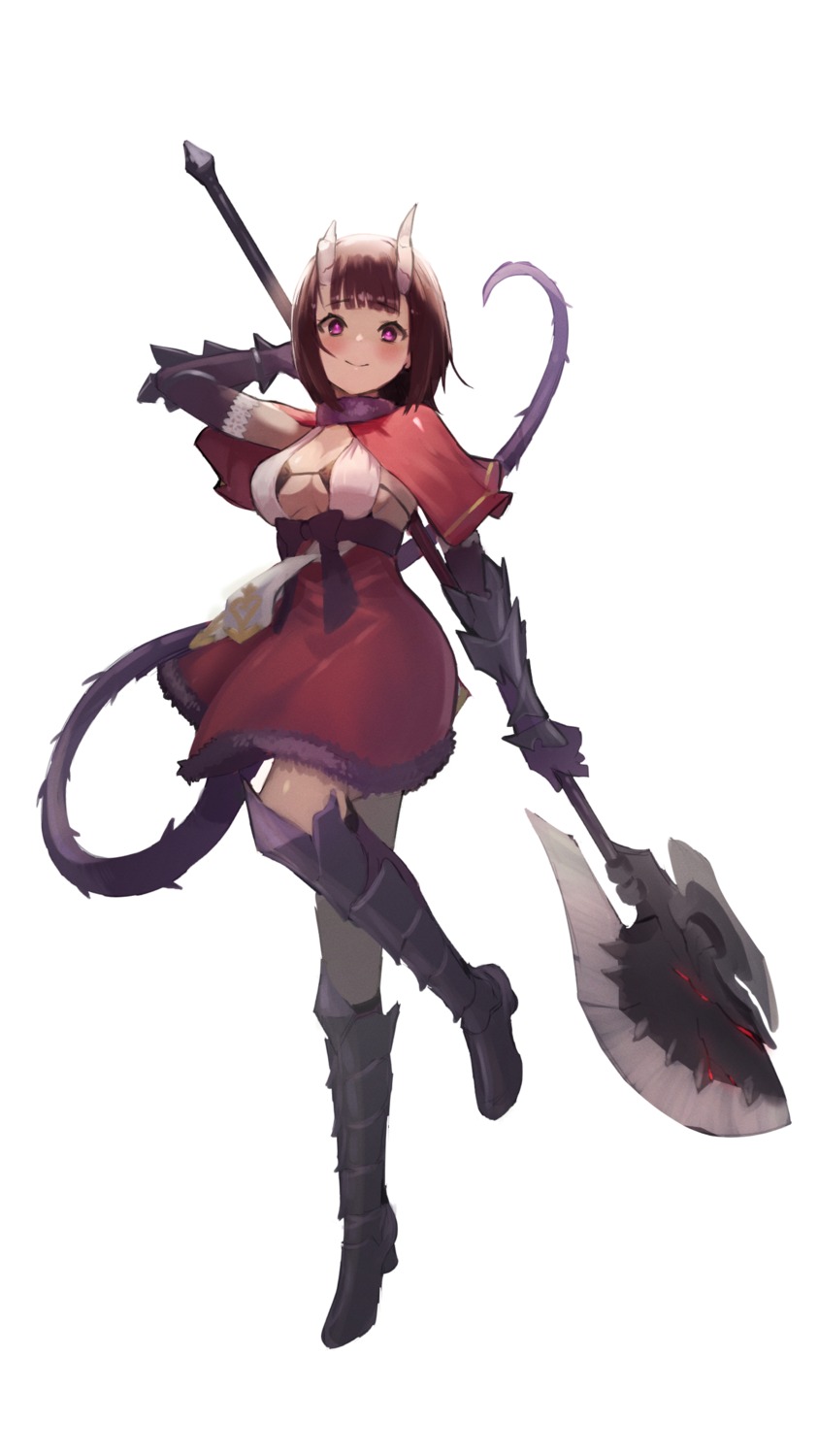 armor, bra, cleavage, dress, horns, kuraishi_eriko, open_shirt, pantyhose, princess_connect!, princess_connect!_re:dive, skirt_lift, so_ki_chi, tail, weapon