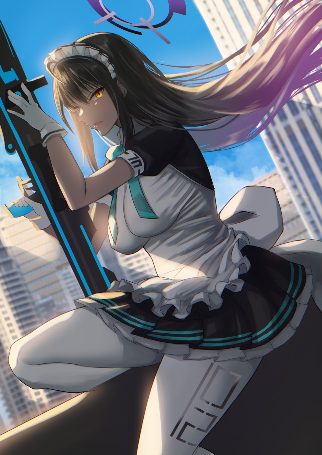 akai_kagerou, blue_archive, gun, halo, kakudate_karin, maid, pantyhose, skirt_lift