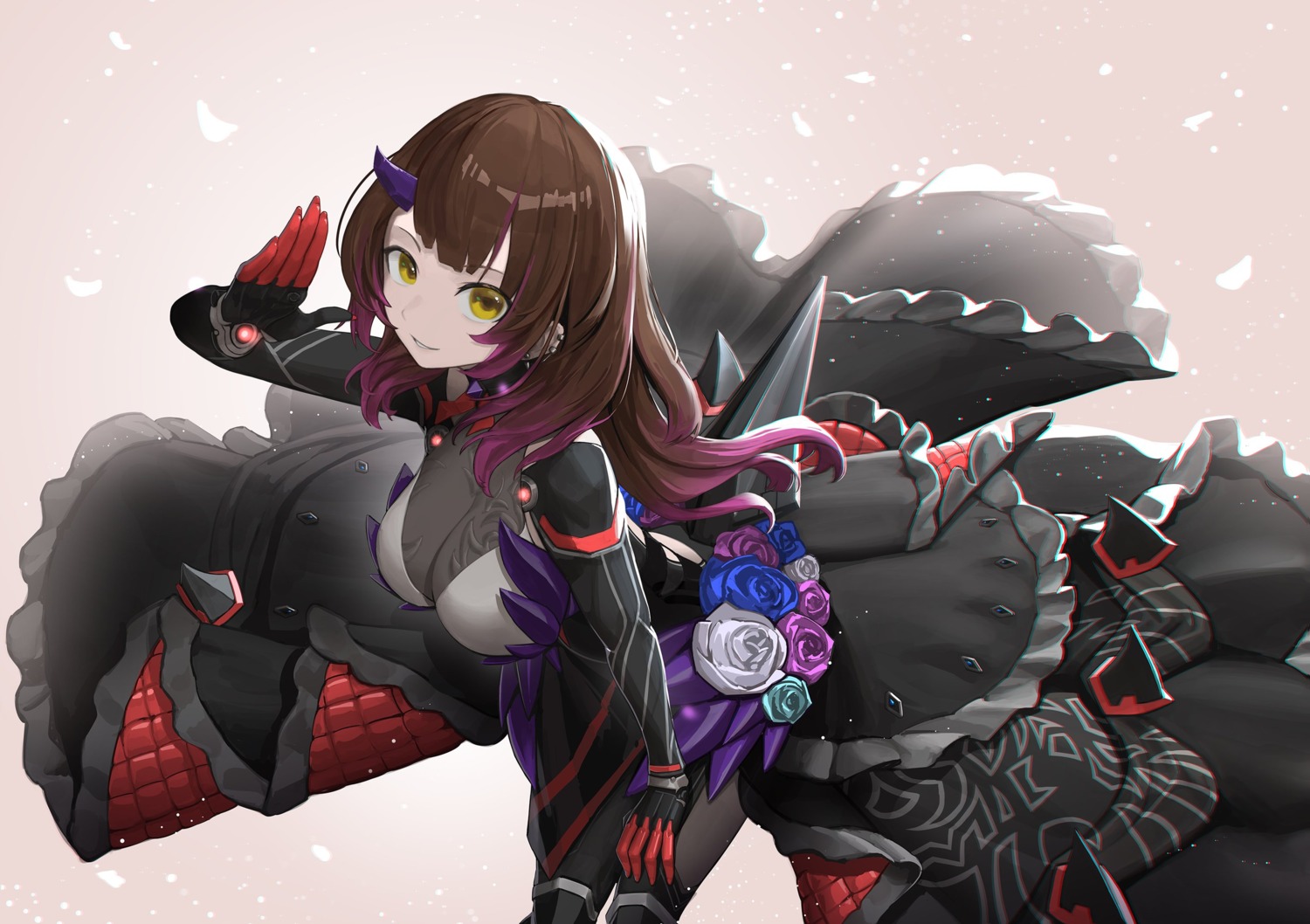 armor, dress, gothic_lolita, hololive, horns, lolita_fashion, roboco-san, skirt_lift, ziga