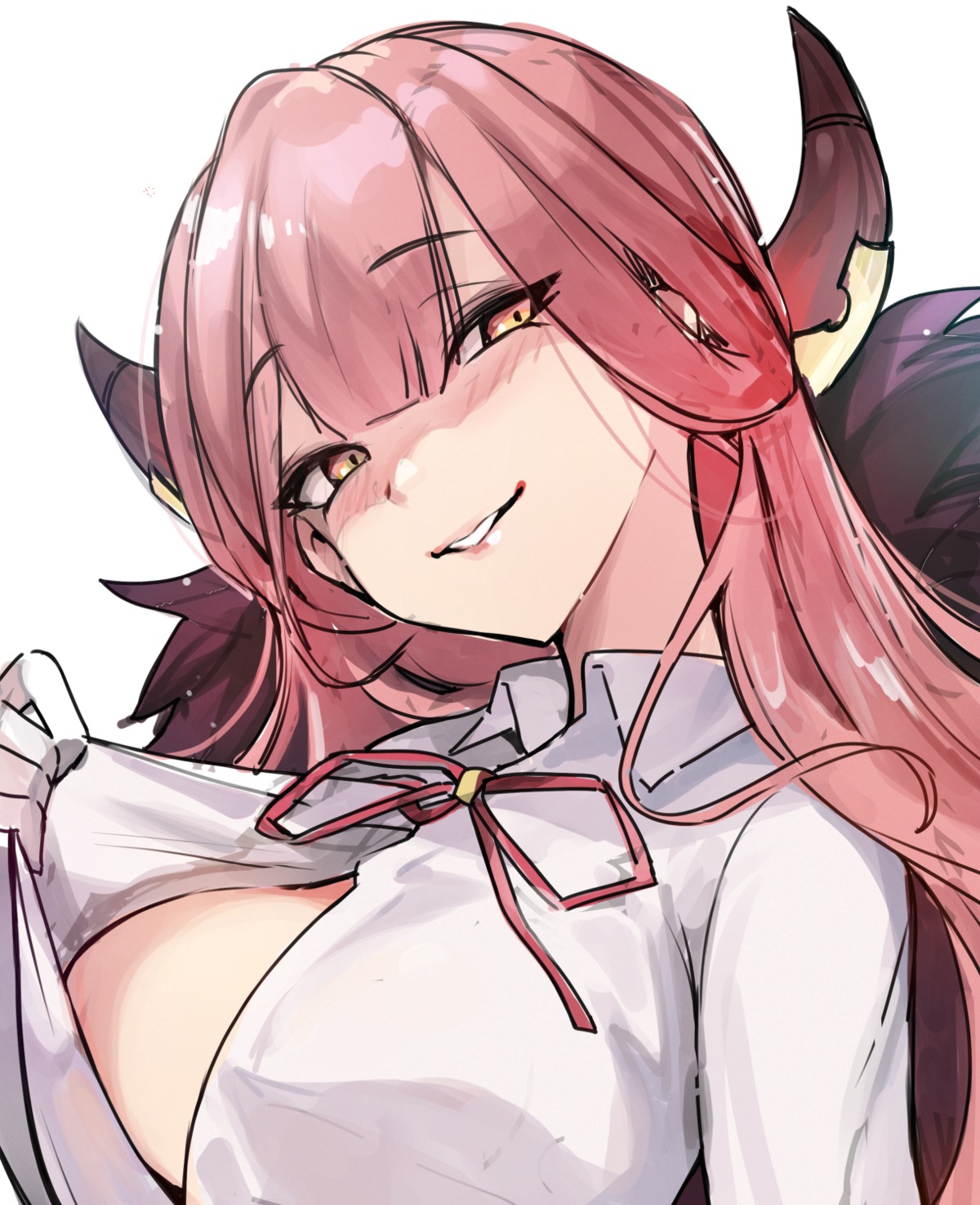 alraco, blue_archive, breast_hold, dress_shirt, horns, no_bra, open_shirt, rikuhachima_aru