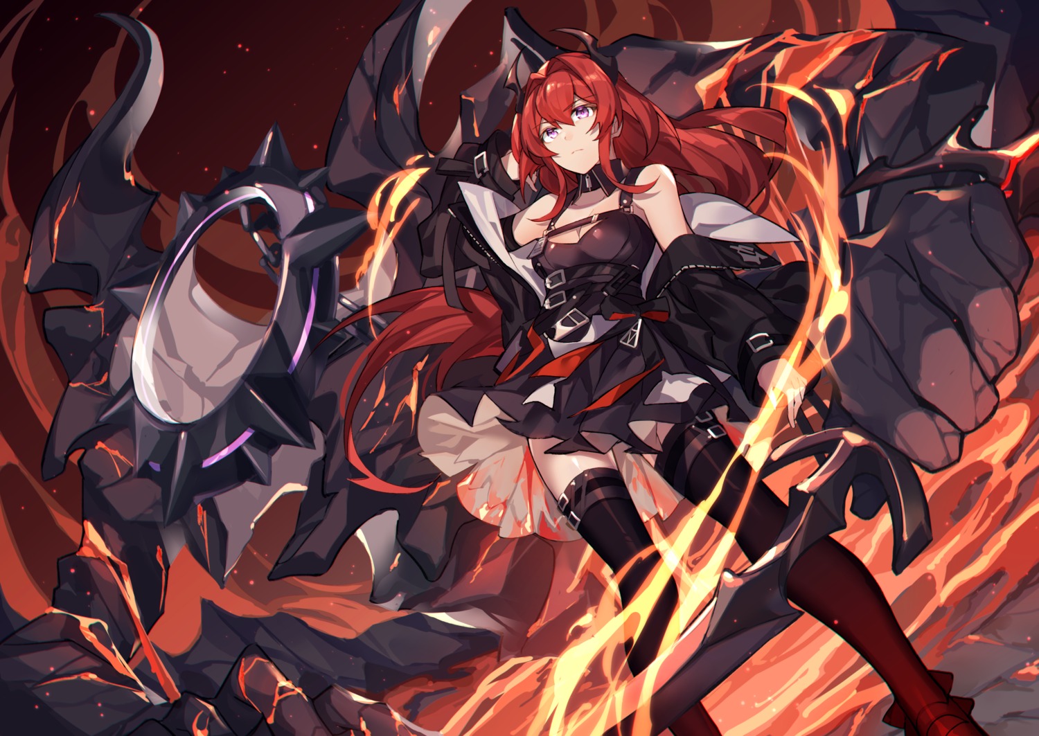 arknights, cleavage, garter, hizuki_miya, horns, skirt_lift, surtr_(arknights), sword