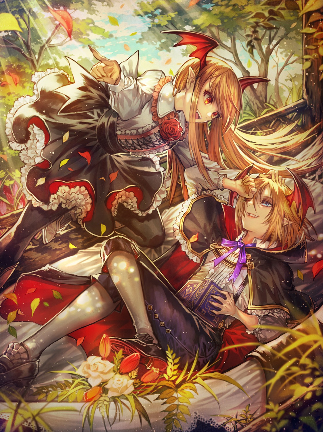 granblue_fantasy, lolita_fashion, pantyhose, pointy_ears, skirt_lift, vampy_(shingeki_no_bahamut), veight_(granblue_fantasy), wings, yumeko_(yumeyana_g)