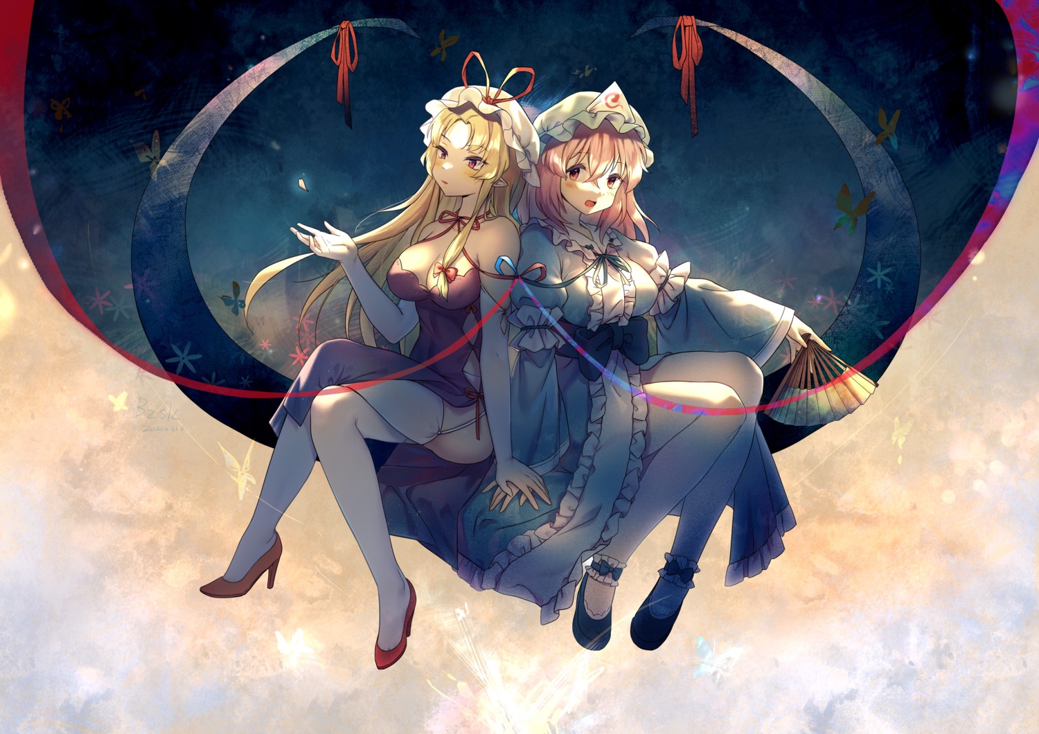 bzsk., heels, no_bra, saigyouji_yuyuko, skirt_lift, thighhighs, touhou, yakumo_yukari