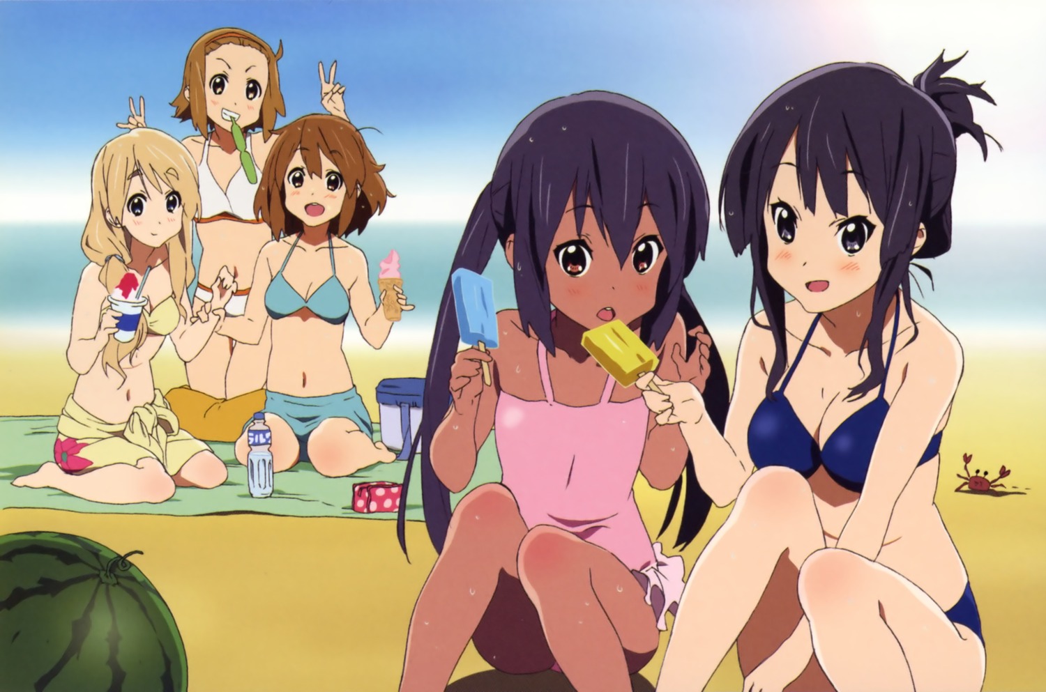 akiyama_mio, bikini, cleavage, hirasawa_yui, ishidate_taichi, k-on!, kotobuki_tsumugi, nakano_azusa, swimsuits, tainaka_ritsu, wet