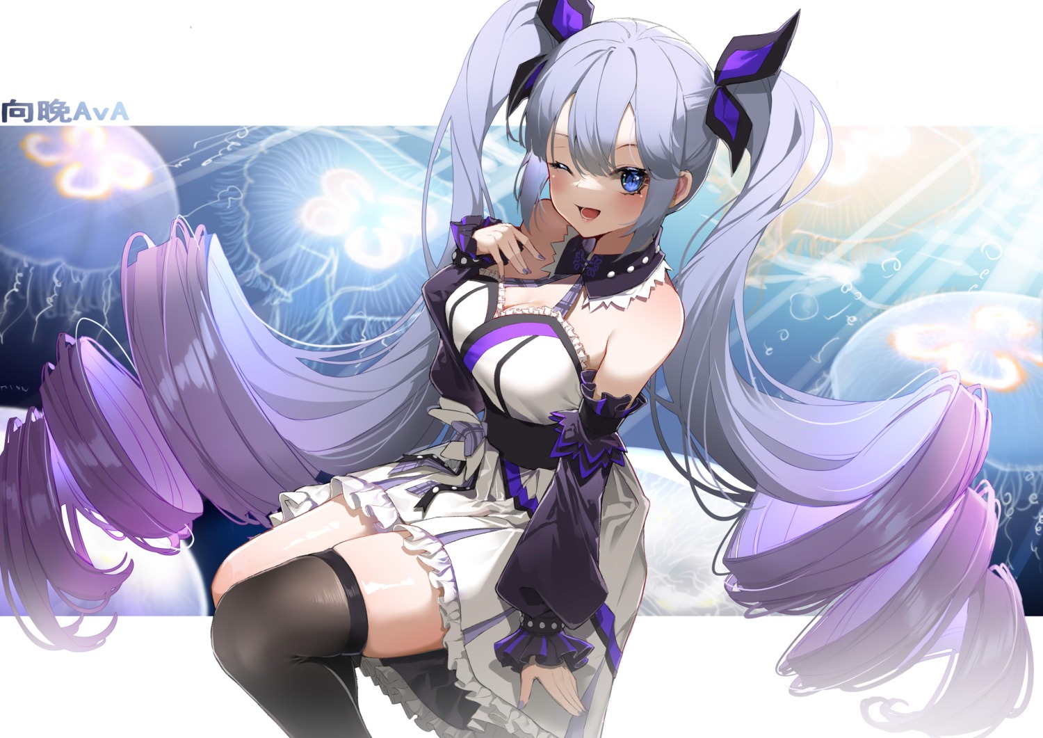 a-soul, akinatsu_meguru, ava_(a-soul), cleavage, dress, thighhighs