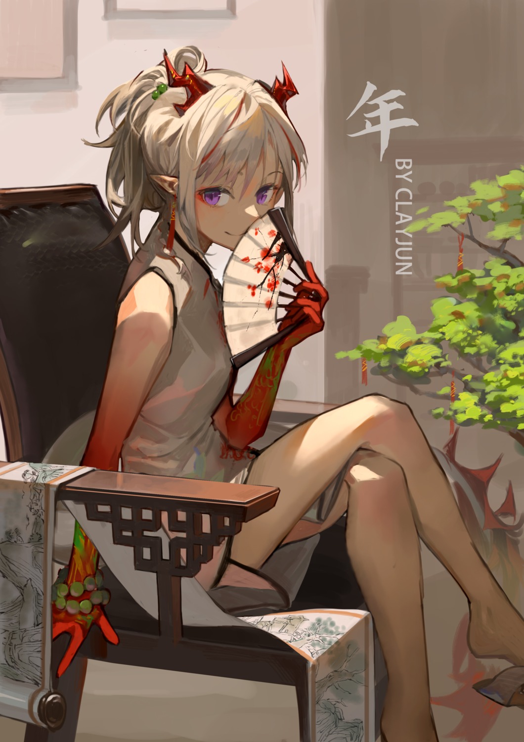 arknights, chinadress, clay_(clayjun), horns, nian_(arknights), pointy_ears, skirt_lift