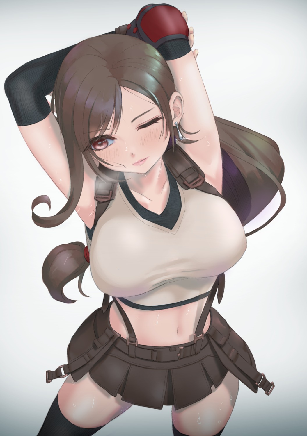 final_fantasy, final_fantasy_vii, skirt_lift, thighhighs, tifa_lockhart, umirororo, wet