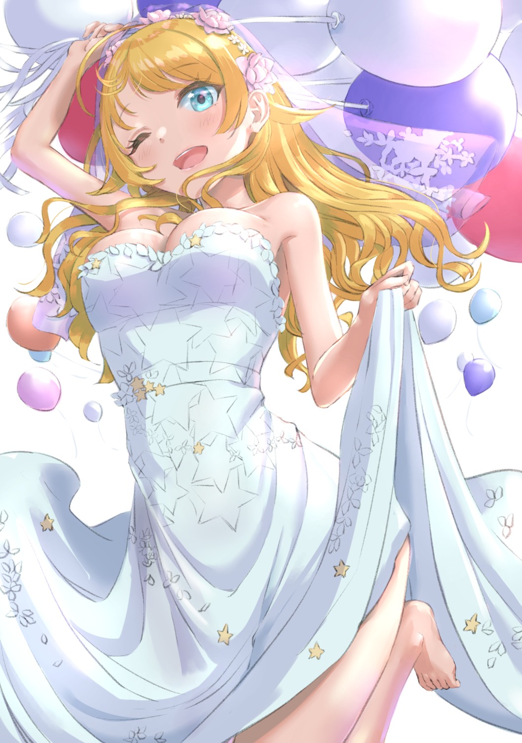 dress, feet, hachimiya_meguru, no_bra, skirt_lift, the_idolm@ster, the_idolm@ster_shiny_colors, umirororo