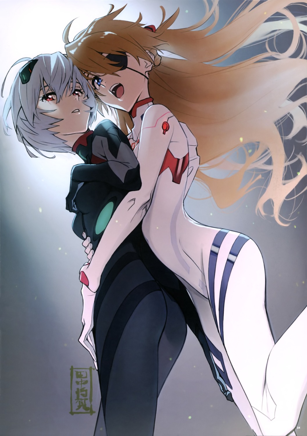 ass, ayanami_rei, bodysuit, eyepatch, neon_genesis_evangelion, souryuu_asuka_langley, tanaka_masayoshi