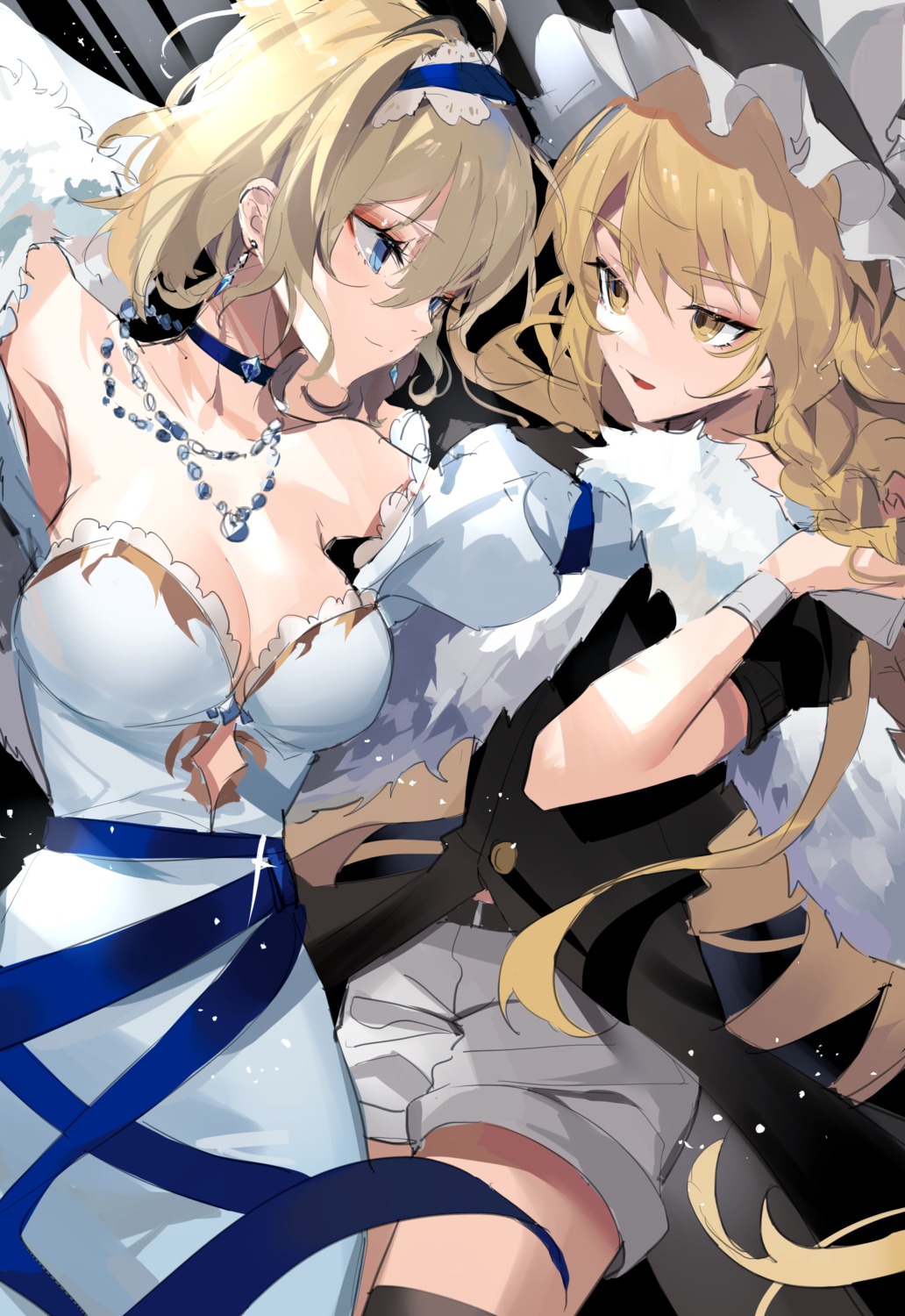 alice_margatroid, cleavage, dress, kirisame_marisa, meng_ziya, no_bra, thighhighs, touhou