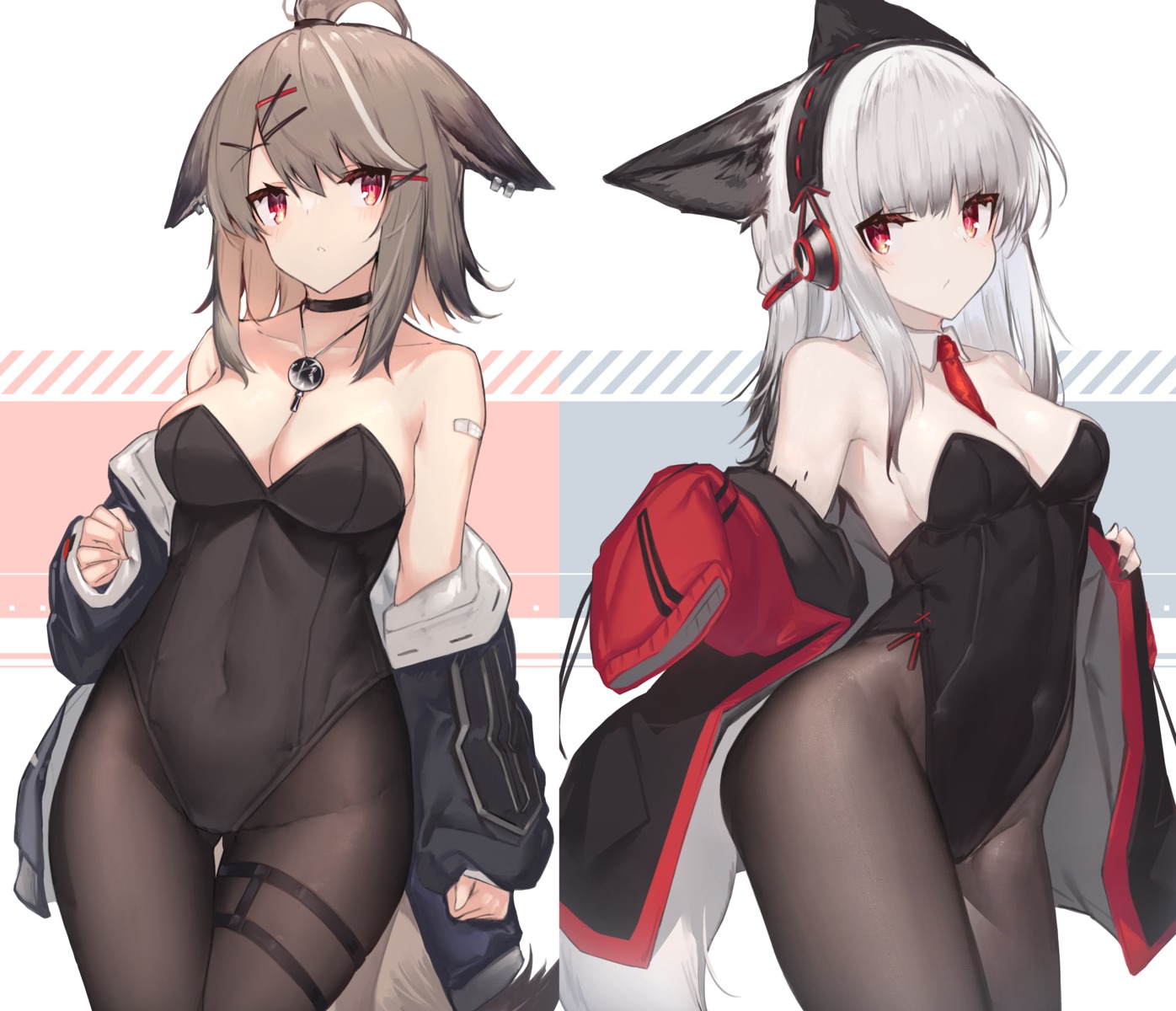 animal_ears, arknights, bandaid, cutter_(arknights), frostleaf_(arknights), garter, leotard, no_bra