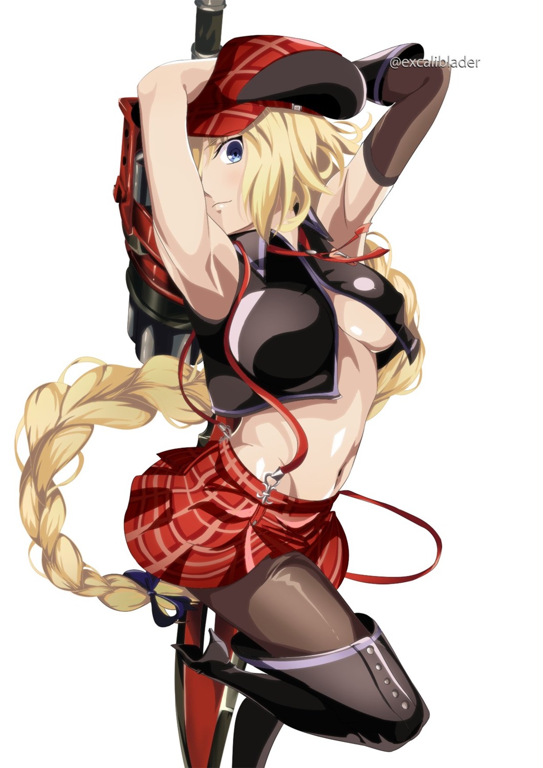 alisa_ilinichina_amiella, cosplay, excaliblader, fate/grand_order, god_eater, heels, jeanne_d'arc, jeanne_d'arc_(fate), no_bra, open_shirt, pantyhose, skirt_lift, thighhighs, underboob
