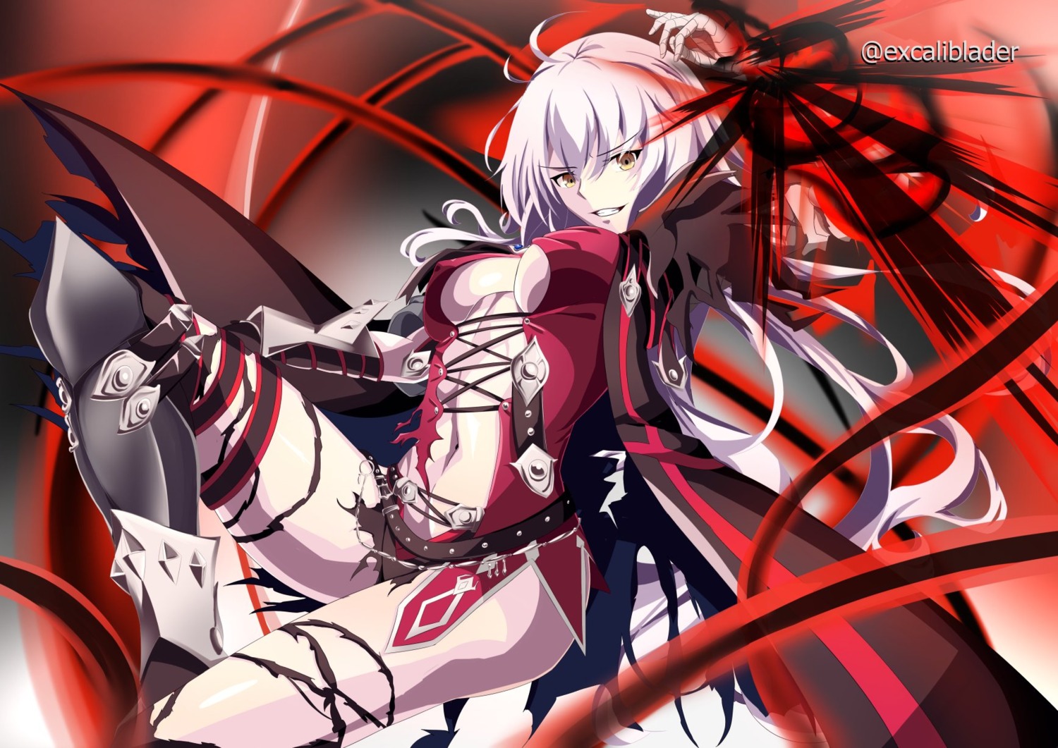 armor, bandages, cosplay, erect_nipples, excaliblader, fate/grand_order, jeanne_d'arc, jeanne_d'arc_alter_(fate), no_bra, tales_of, tales_of_berseria, torn_clothes, velvet_crowe