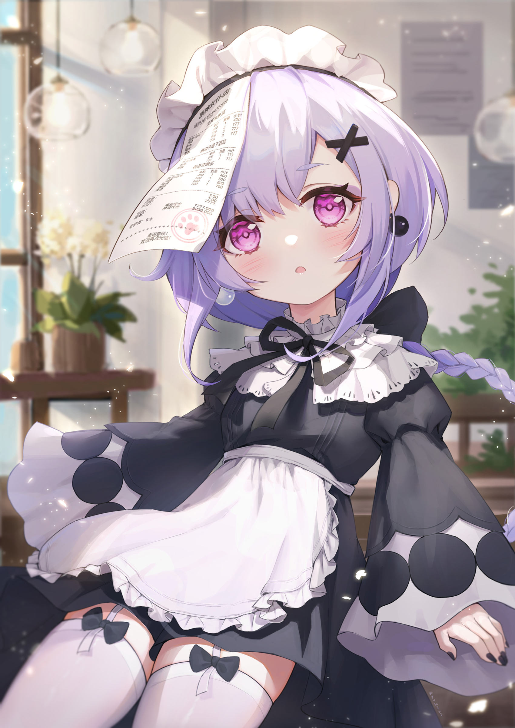 genshin_impact, l_ii, maid, qiqi, skirt_lift, stockings, thighhighs