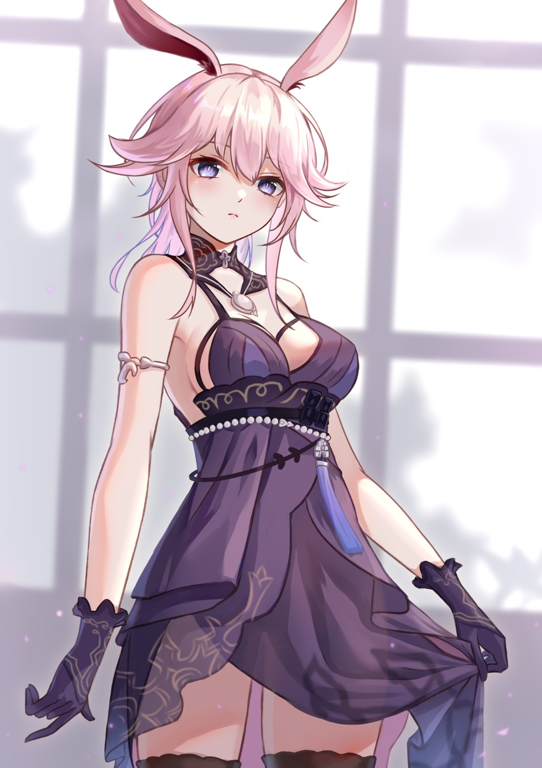 animal_ears, benghuai_xueyuan, bunny_ears, dress, honkai_impact, no_bra, see_through, skirt_lift