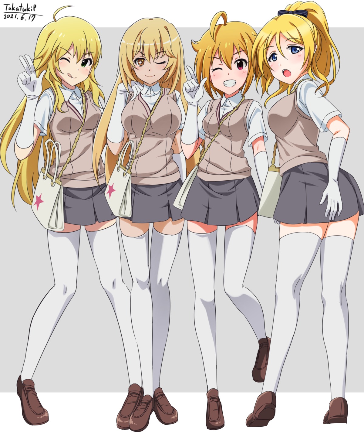 ayase_eli, cosplay, crossover, hoshii_miki, ibuki_tsubasa, love_live!, love_live!_(series), seifuku, shokuhou_misaki, sweater, takatsuki_p, the_idolm@ster, the_idolm@ster_million_live!, thighhighs, toaru_kagaku_no_railgun, toaru_majutsu_no_index