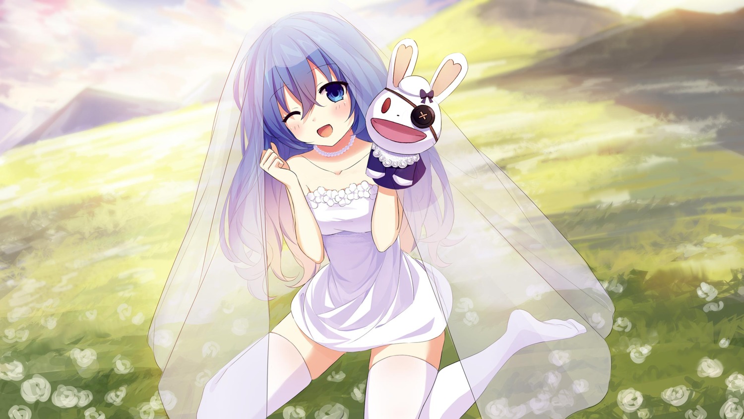 breast_hold, date_a_live, dress, himekawa_yoshino, see_through, skirt_lift, thighhighs, wedding_dress, yu_(want_rou_nai_zi)