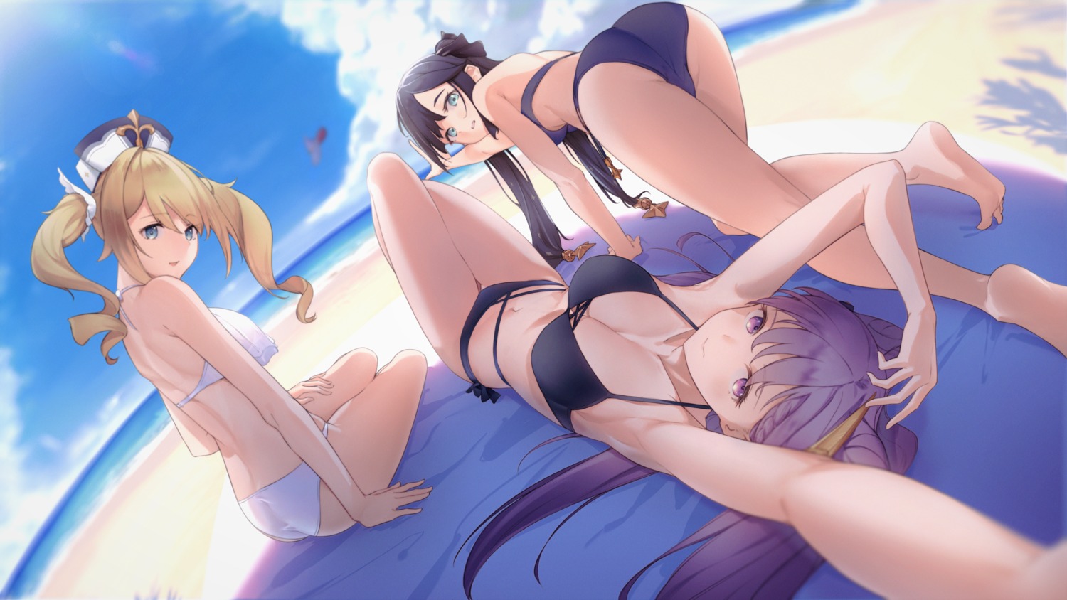 ass, barbara_(genshin_impact), bikini, cleavage, feet, genshin_impact, keqing, mona_megistus, moobun2, swimsuits, wallpaper