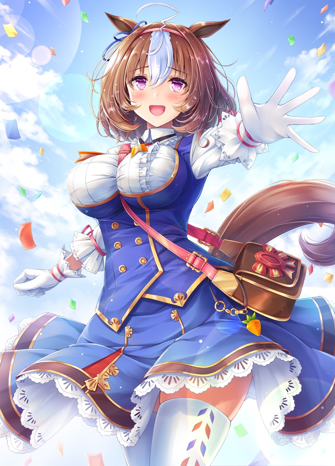 akashio, animal_ears, meisho_doto_(umamusume), skirt_lift, tail, thighhighs, uma_musume_pretty_derby, uniform