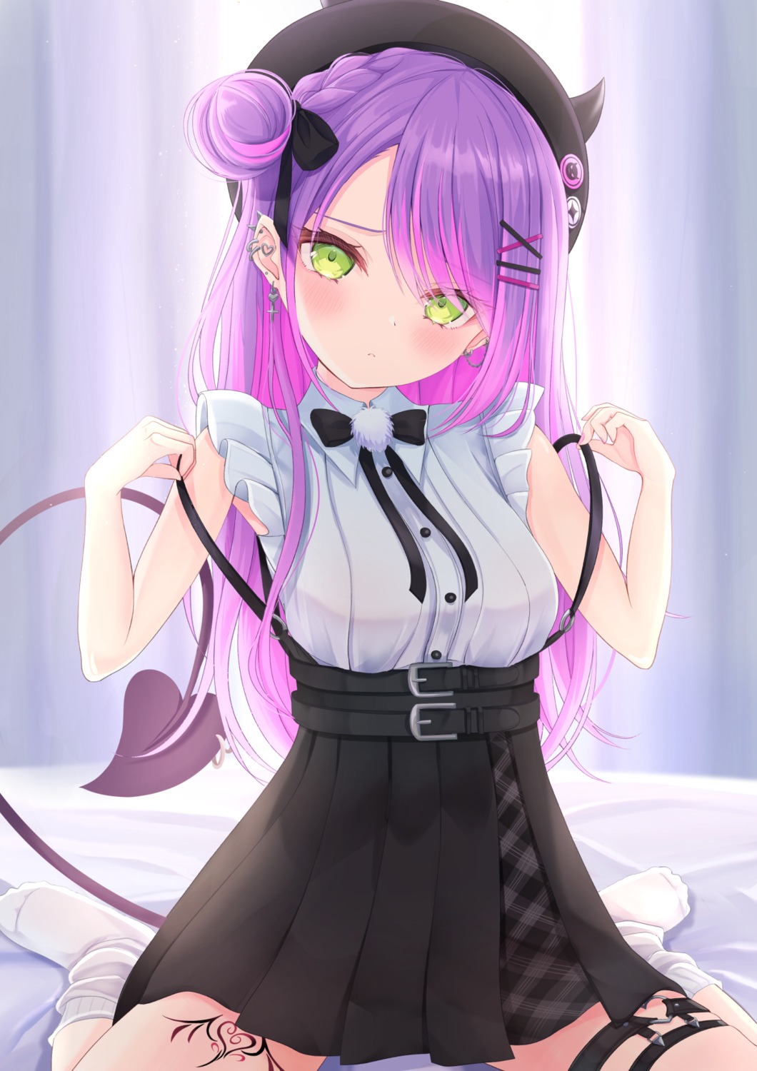 garter, hololive, kitano_yukito, pointy_ears, tail, tattoo, tokoyami_towa, undressing