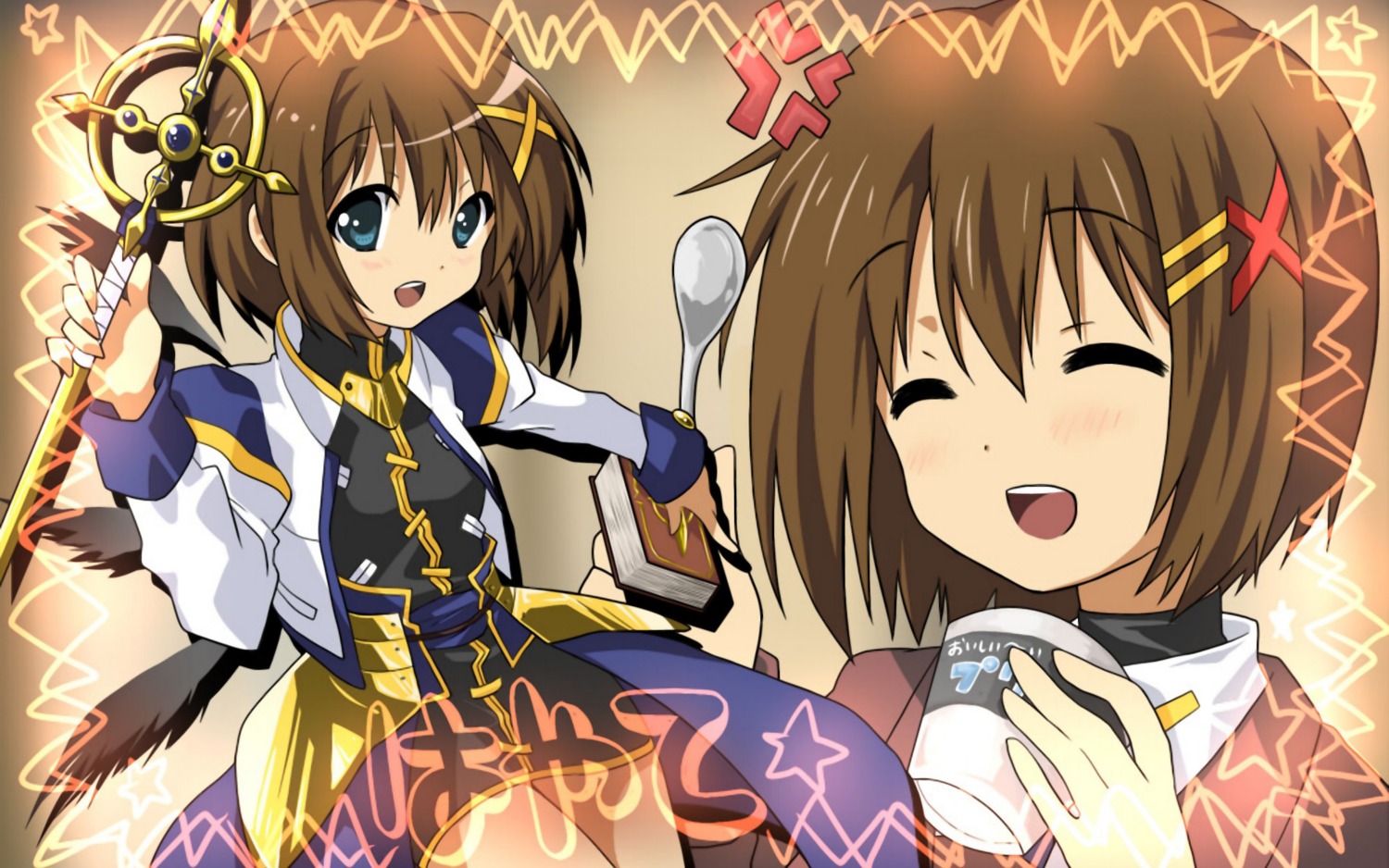 467, hirasawa_yui, k-on!, mahou_shoujo_lyrical_nanoha, mahou_shoujo_lyrical_nanoha_strikers, parody, wallpaper, yagami_hayate