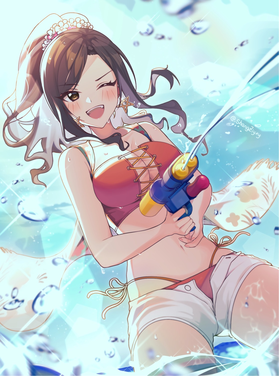 bikini, gun, mukai_takumi, shangzi, swimsuits, the_idolm@ster, the_idolm@ster_cinderella_girls, wet