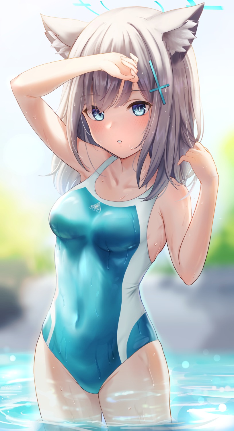 animal_ears, blue_archive, halo, moshi_imo, nekomimi, sunaookami_shiroko, swimsuits, wet