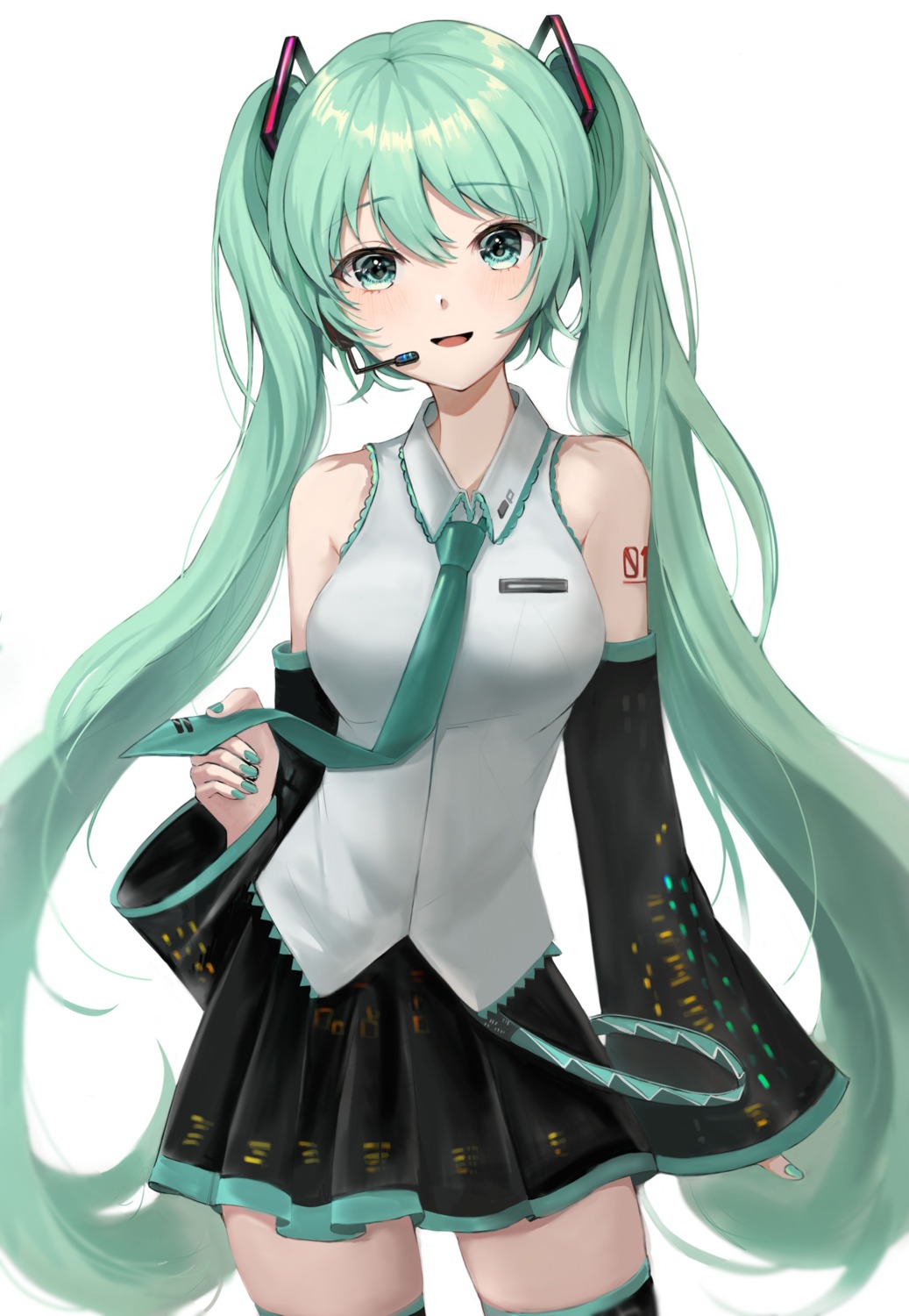hatsune_miku, headphones, tattoo, thighhighs, vocaloid, zipgaemi