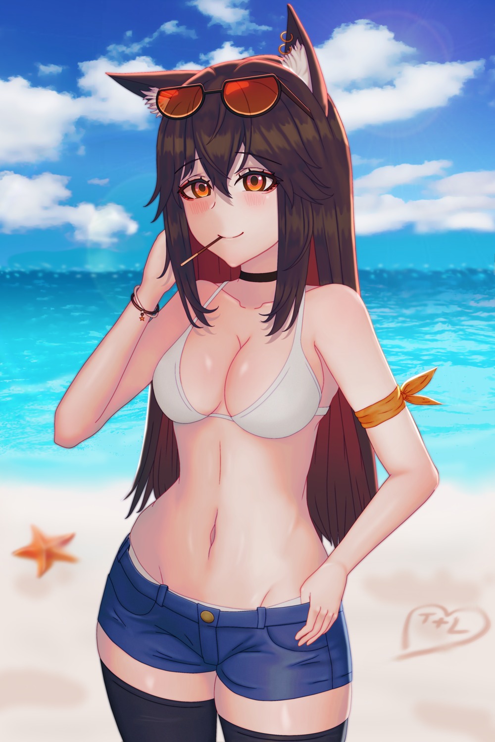 absurd_fox, animal_ears, arknights, bikini, megane, swimsuits, texas_(arknights), thighhighs
