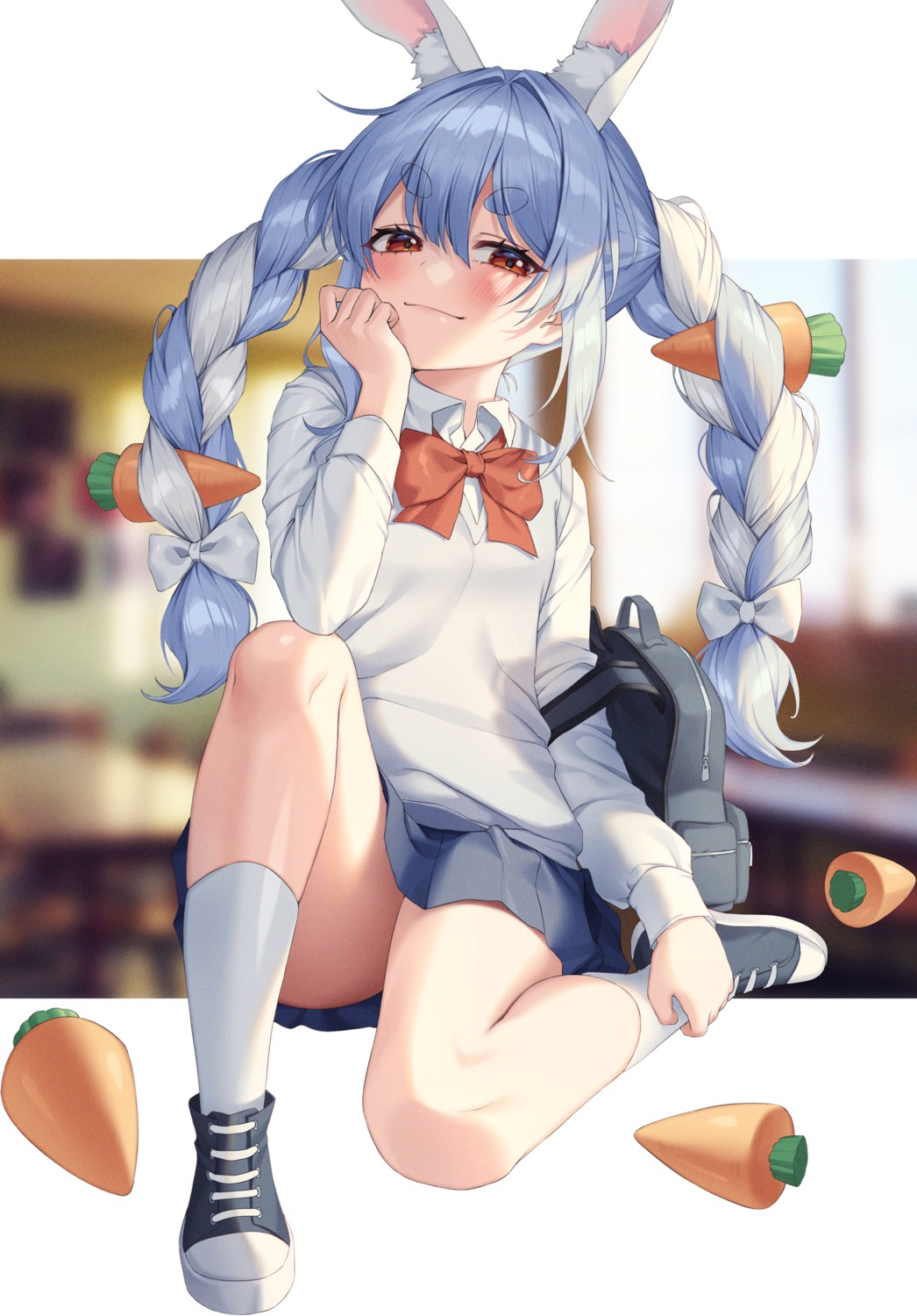 animal_ears, bunny_ears, hololive, seifuku, skirt_lift, sweater, usada_pekora, xiho_(xi_ho_)
