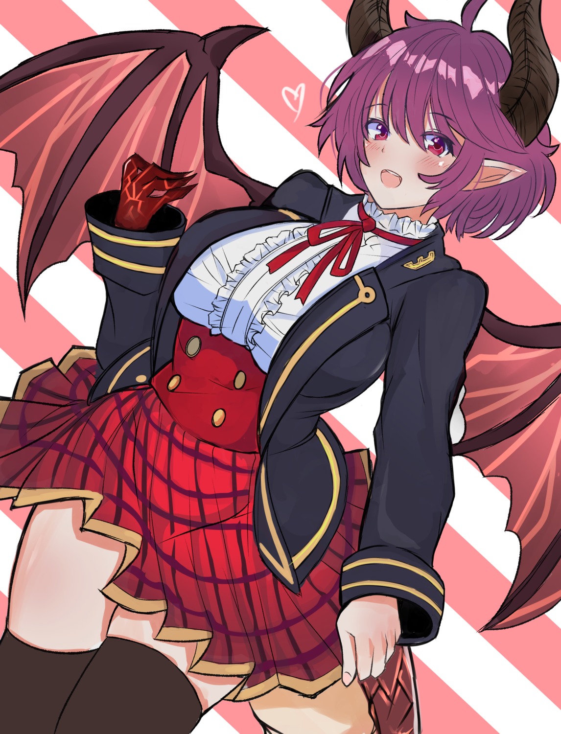amano, granblue_fantasy, grea, horns, manaria_friends, monster_girl, pointy_ears, seifuku, shingeki_no_bahamut, skirt_lift, tail, thighhighs, wings