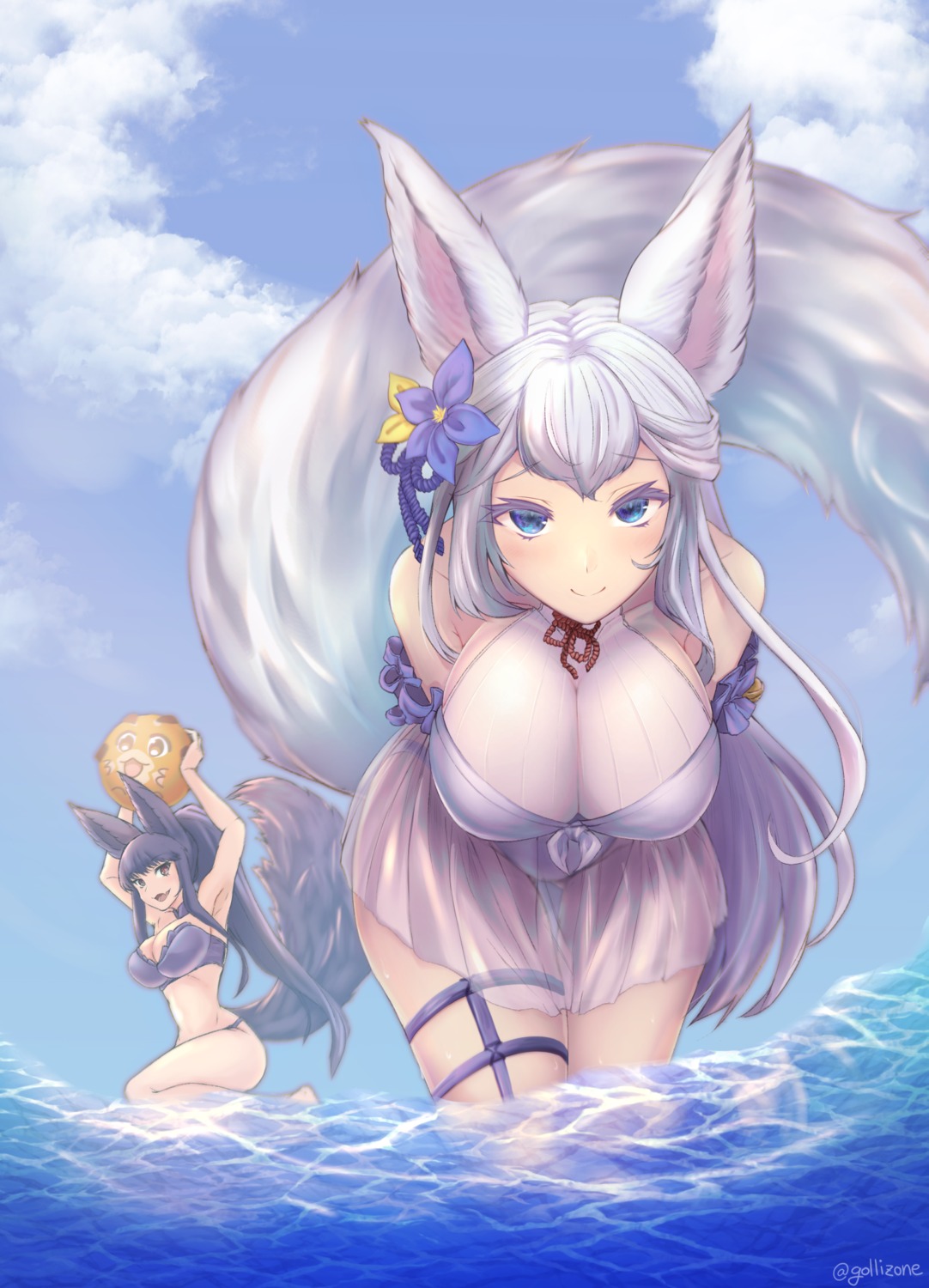 animal_ears, bikini, garter, gollizo, granblue_fantasy, kitsune, socie_(granblue_fantasy), swimsuits, tail, wet, yuel_(granblue_fantasy)