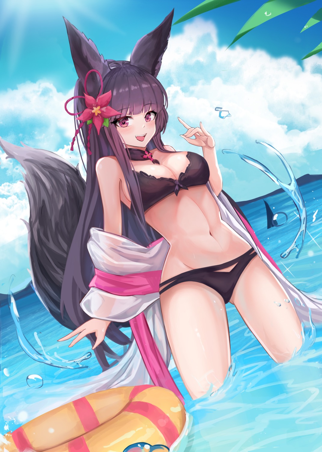 animal_ears, bikini, granblue_fantasy, kaso_mi, kitsune, open_shirt, see_through, swimsuits, tail, wet, yuel_(granblue_fantasy)