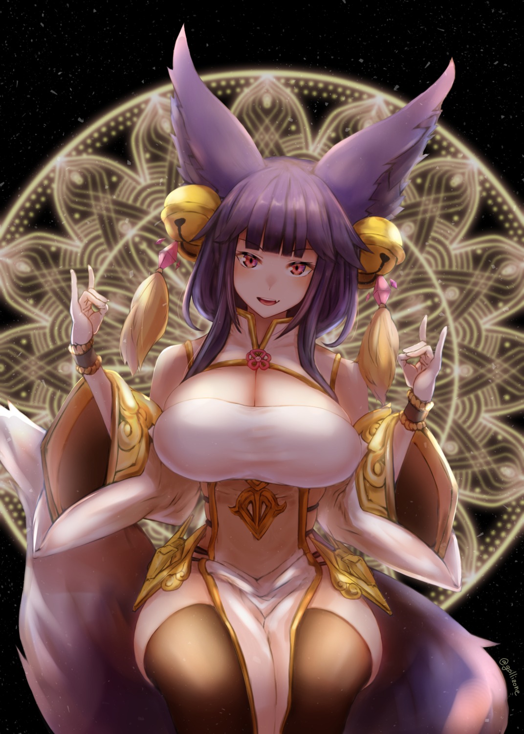animal_ears, asian_clothes, gollizo, granblue_fantasy, kitsune, no_bra, tail, thighhighs, yuel_(granblue_fantasy)