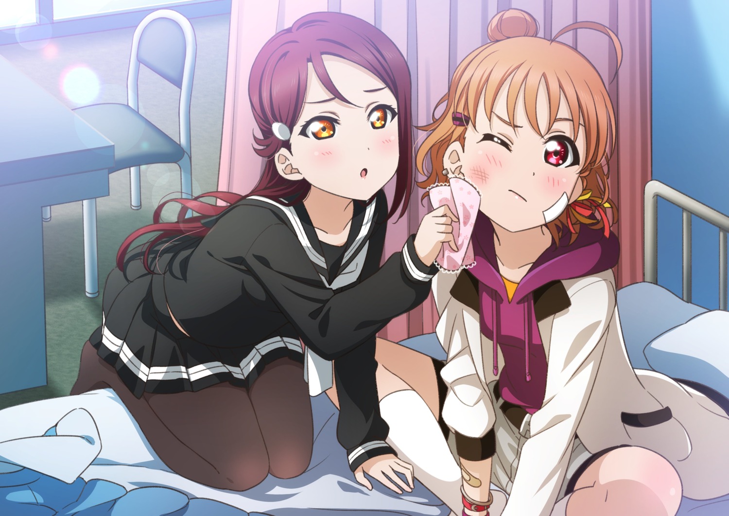 bandaid, kougi_hiroshi, love_live!_(series), love_live!_sunshine!!, pantyhose, sakurauchi_riko, seifuku, takami_chika