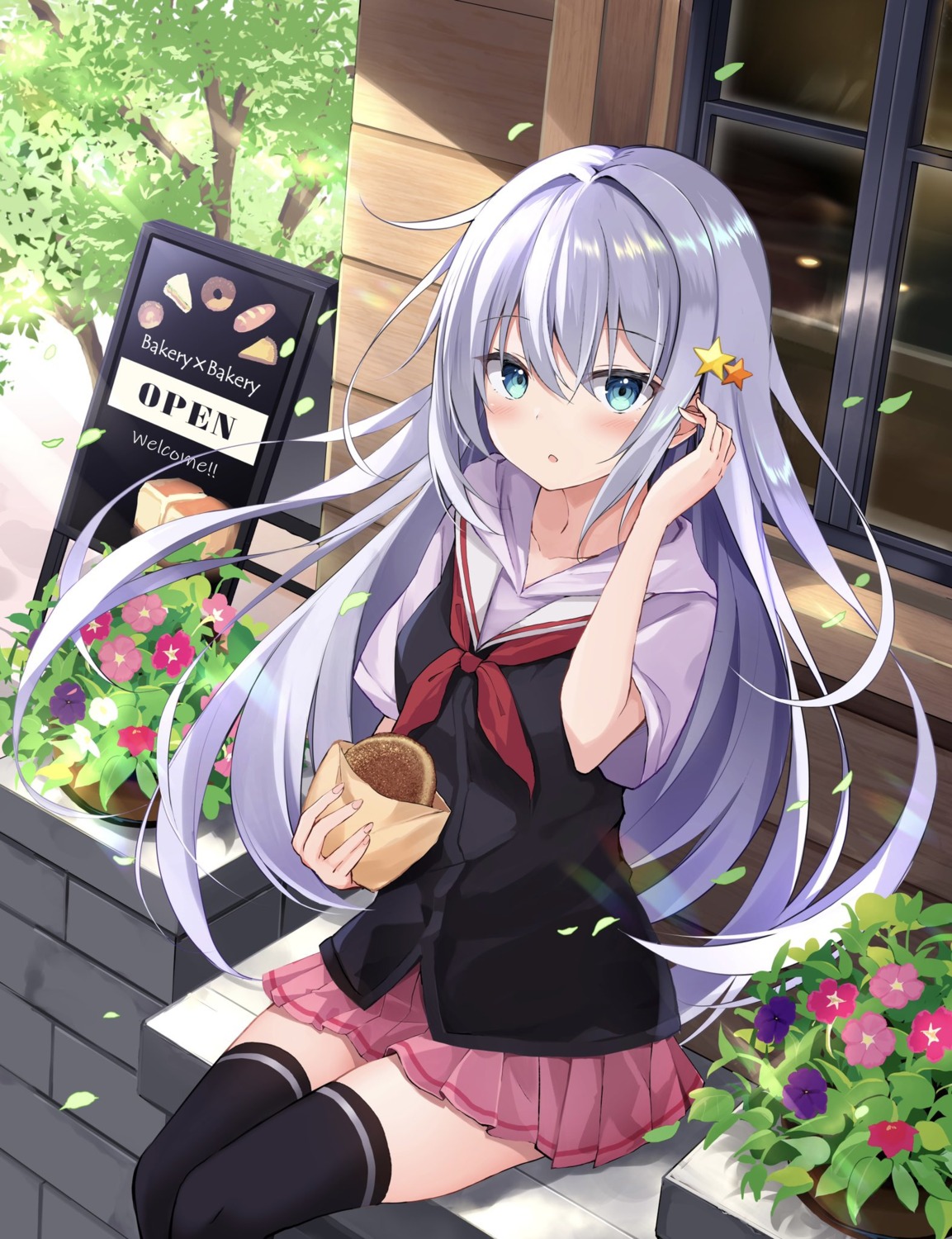 hoshinomiya_kunon, hyurasan, seifuku, skirt_lift, thighhighs