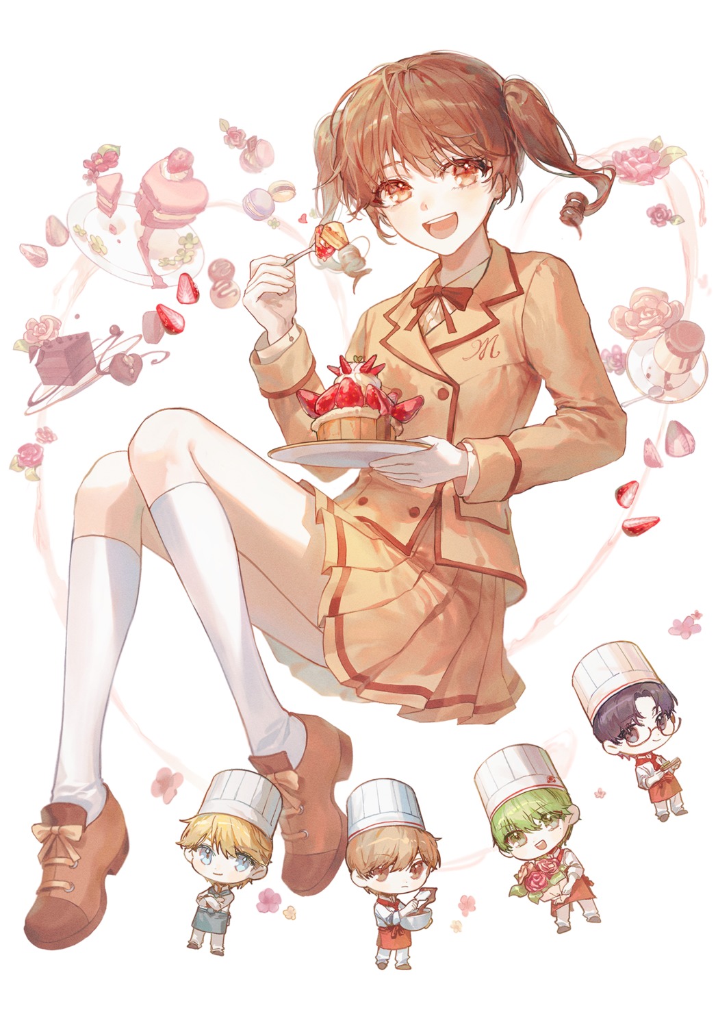 amano_ichigo, andou_sennousuke, chibi, hanabusa_satsuki, henri_lucas, kashino_makoto, megane, seifuku, skirt_lift, ye_jji, yumeiro_patissiere
