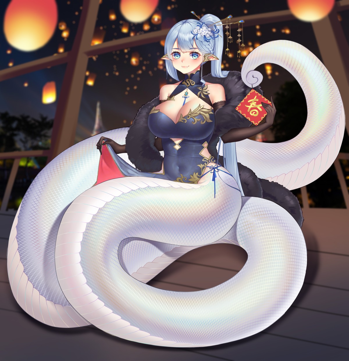 chinadress, monster_girl, no_bra, pantsu, pointy_ears, skirt_lift, snake, string_panties, tagme, tail