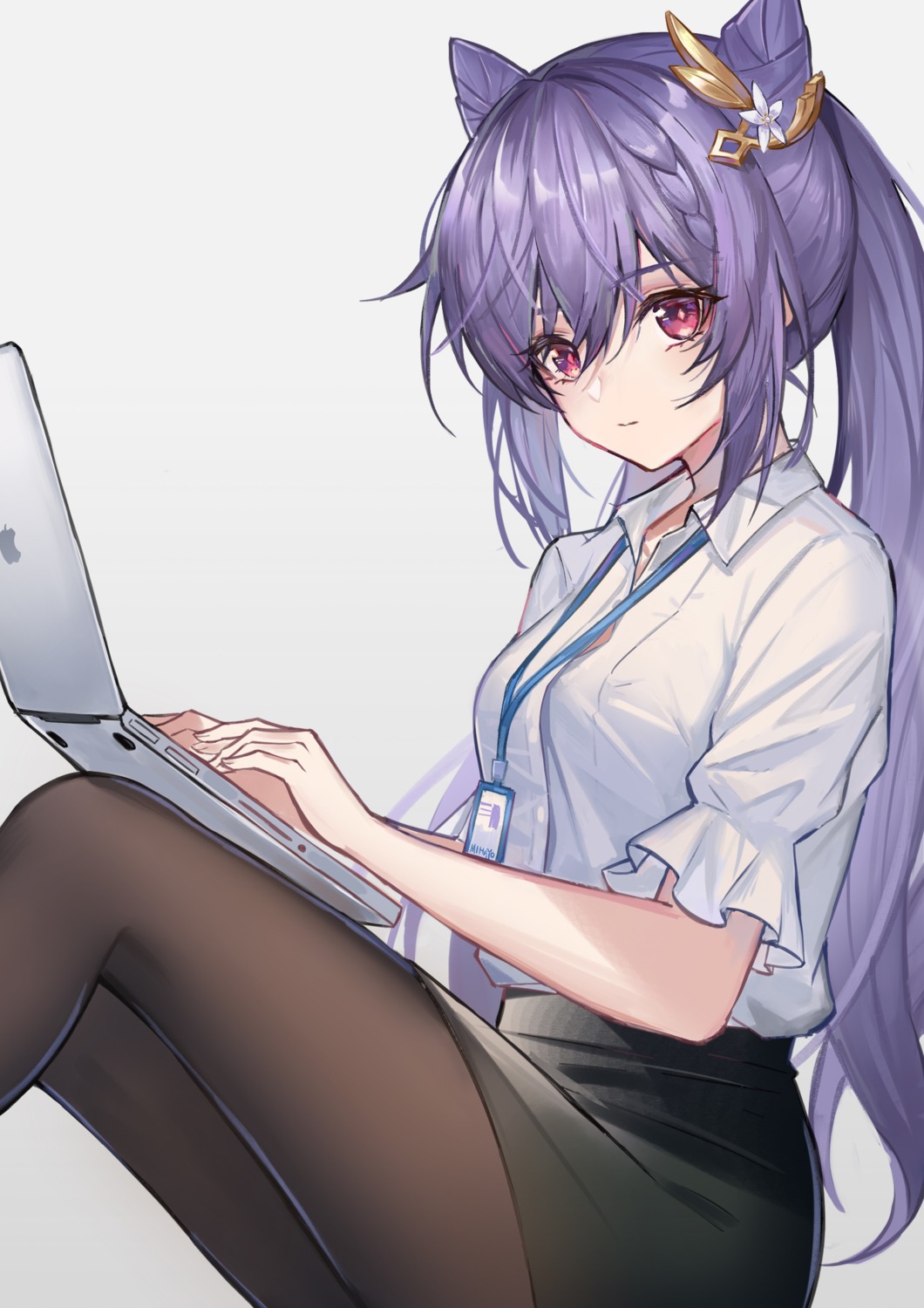 dress_shirt, genshin_impact, keqing, pantyhose, skirt_lift, zard