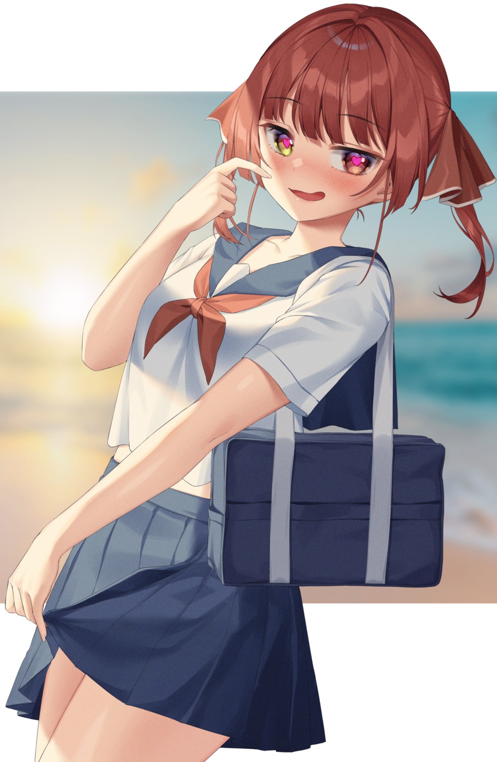 heterochromia, hololive, houshou_marine, seifuku, skirt_lift, xiho_(xi_ho_)