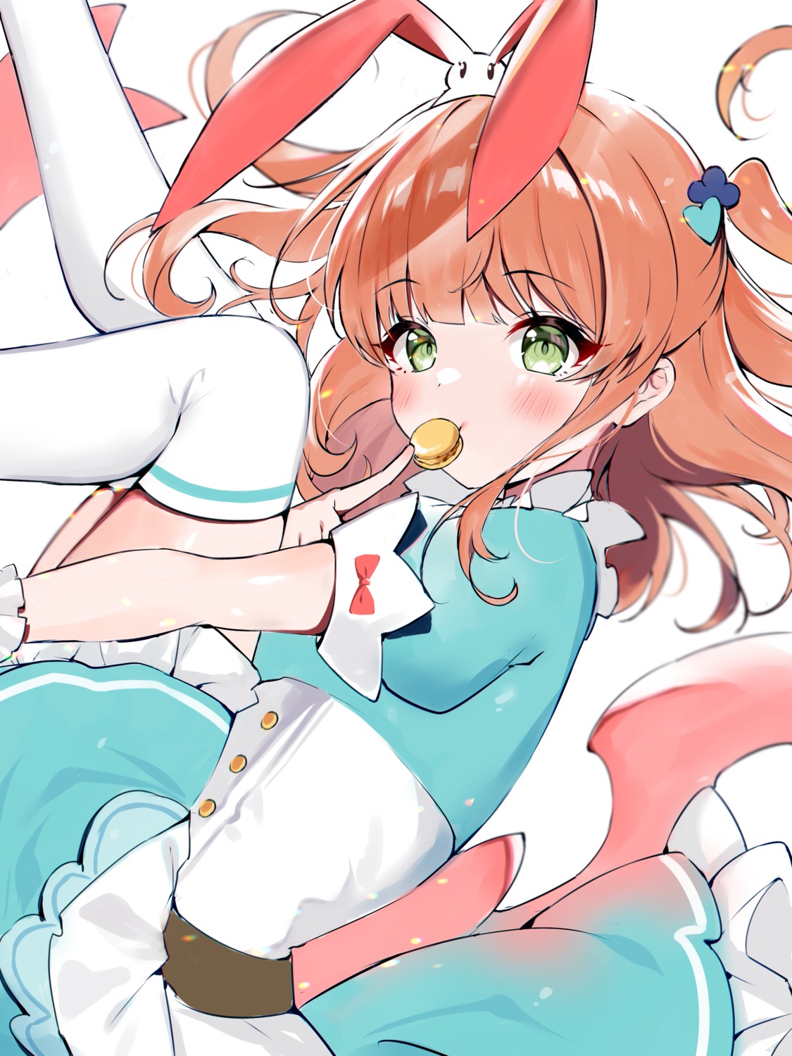 animal_ears, bunny_ears, skirt_lift, tatejima_uri, thighhighs, waitress