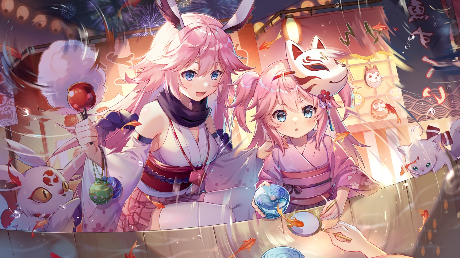 animal_ears, benghuai_xueyuan, bunny_ears, honkai_impact, japanese_clothes, neko, skirt_lift, tagme, thighhighs, wallpaper, yae_rin, yae_sakura_(benghuai_xueyuan), yukata
