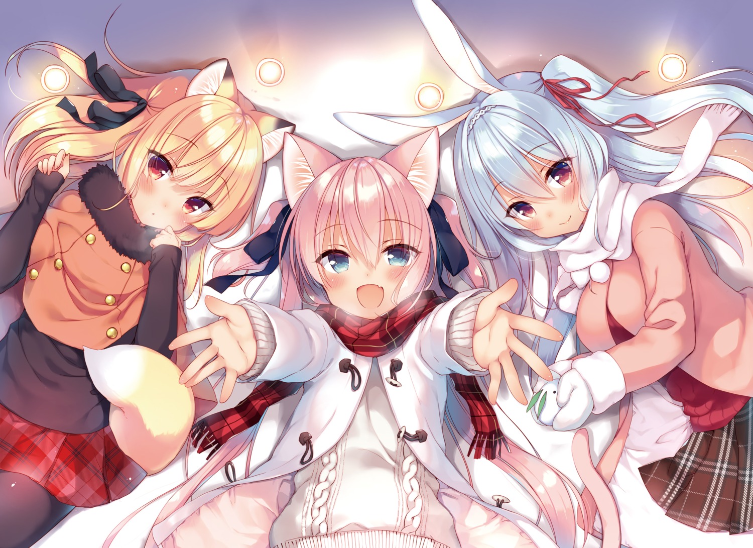 animal_ears, boku_no_risou_no_isekai_seikatsu, bunny_ears, chise_(ichiri), ichiri, kitsune, misia_(ichiri), nekomimi, pantyhose, rabimea_(ichiri), sweater, tail