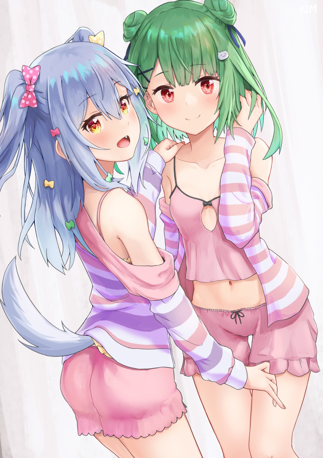 ass, crossover, hololive, inuyama_tamaki, jtleeklm, pajama, tail, trap, tsukudani_norio_channel, uruha_rushia
