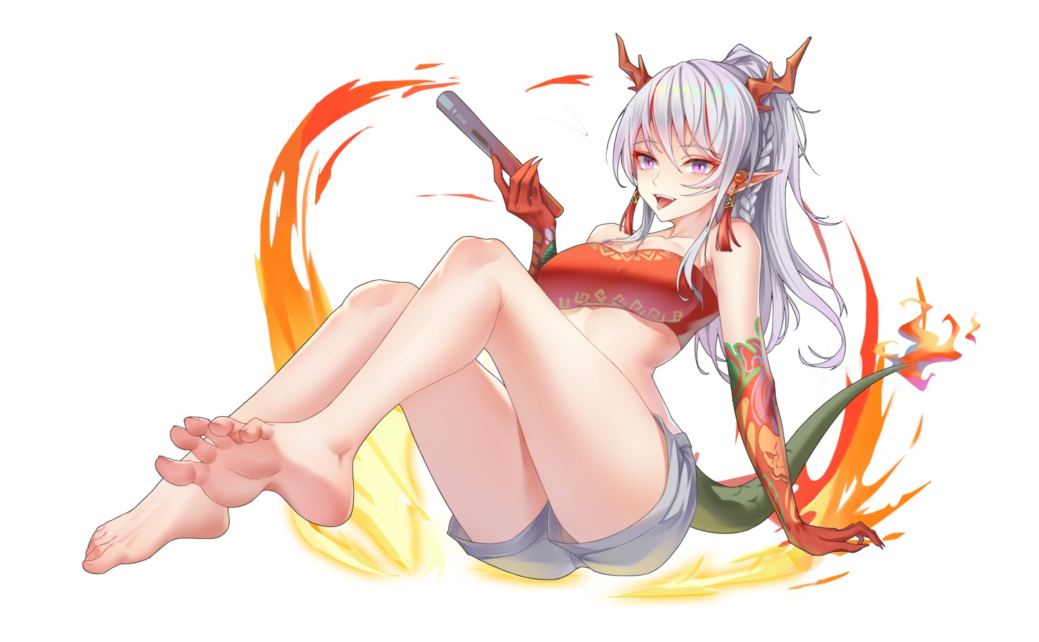 aluo_7762, arknights, feet, horns, nian_(arknights), no_bra, pointy_ears, tail