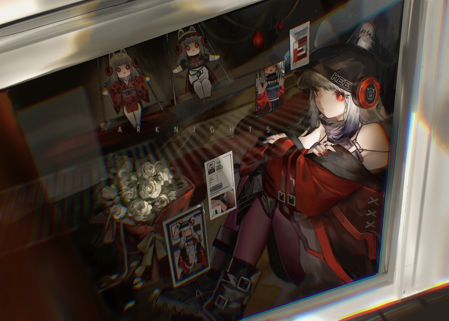 animal_ears, arknights, chibi, finn_zoey, frostleaf_(arknights), headphones, pantyhose, skirt_lift