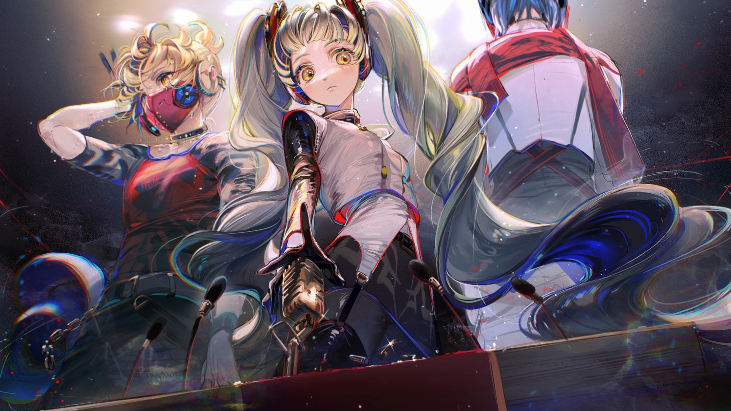 hatsune_miku, headphones, kagamine_len, kaito, rumoon, unhappy_refrain_(vocaloid), vocaloid