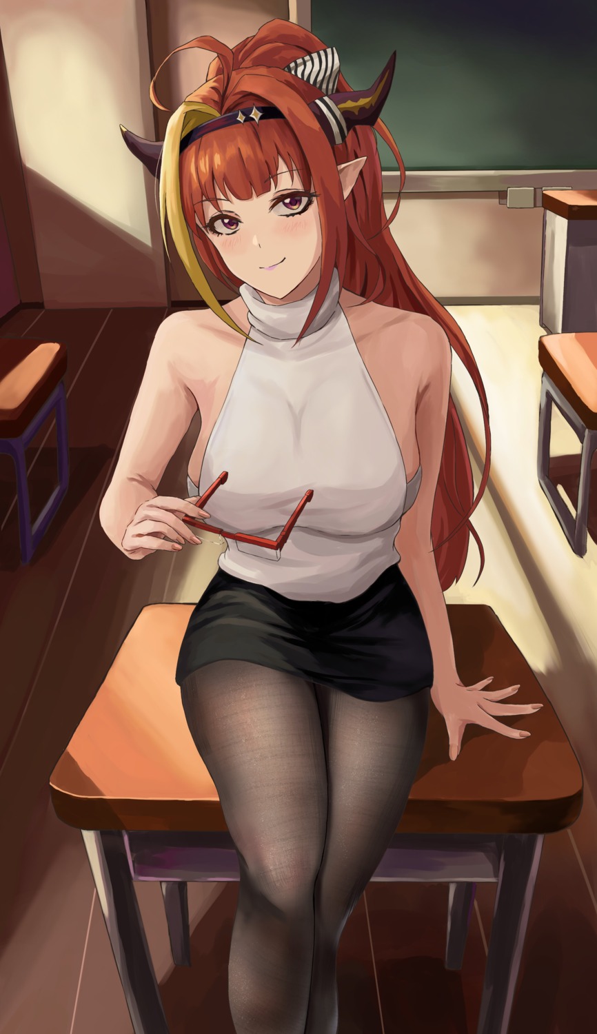 hololive, horns, kiryuu_coco, megane, no_bra, pantyhose, pointy_ears, skirt_lift
