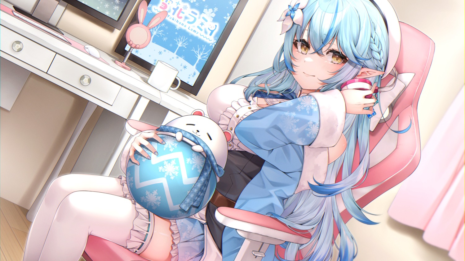 cleavage, elf, hololive, izumi_kei, pointy_ears, thighhighs, wallpaper, yukihana_lamy