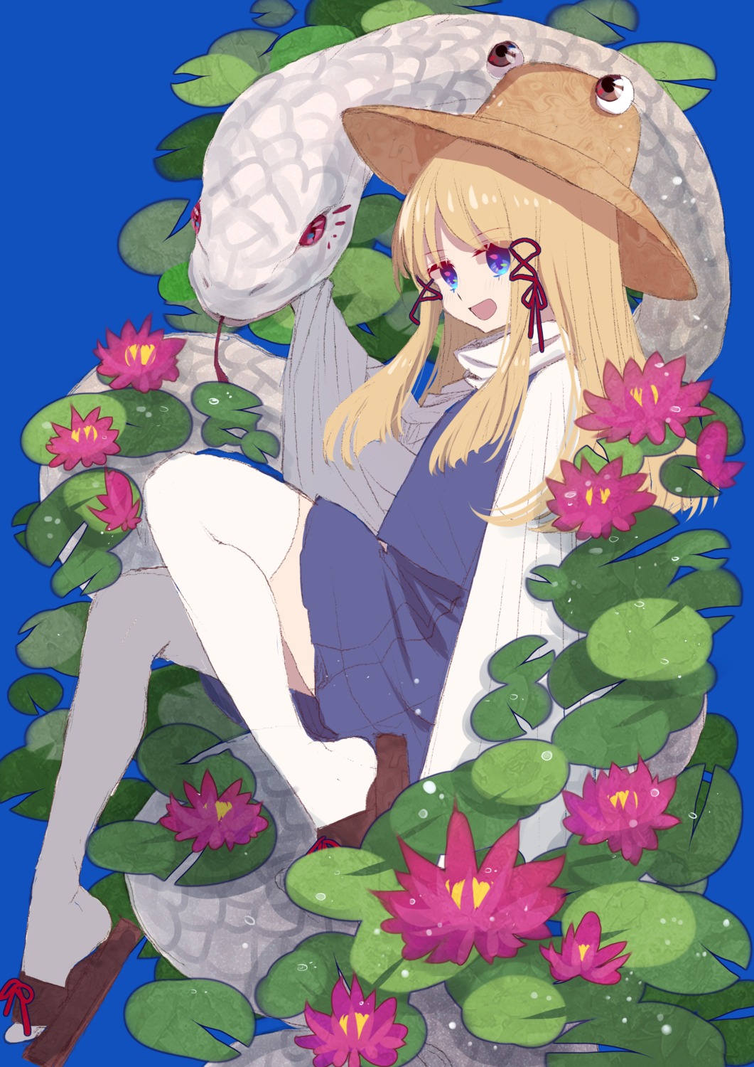 moriya_suwako, shocho_(shaojiujiu), skirt_lift, thighhighs, touhou